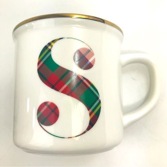 Pottery Barn White Red Stewart Plaid Alphabet Monogram S Stoneware Holiday Mug - Picture 4 of 13